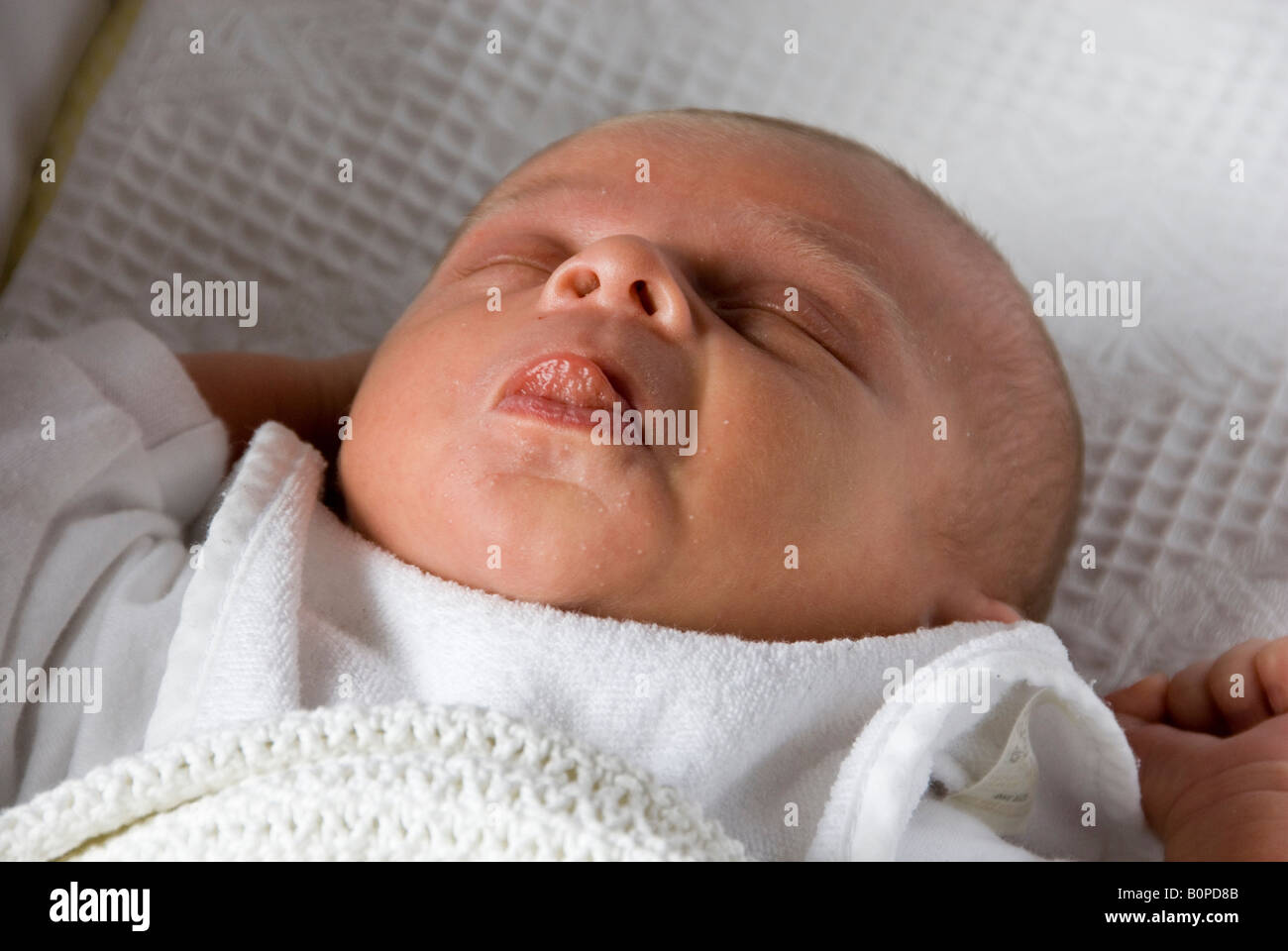Sleeping Newborn Baby Boy Joshua Kailas Hudson Aged 20 days in White Blanket Pokes Out his Toungue Stock Photo