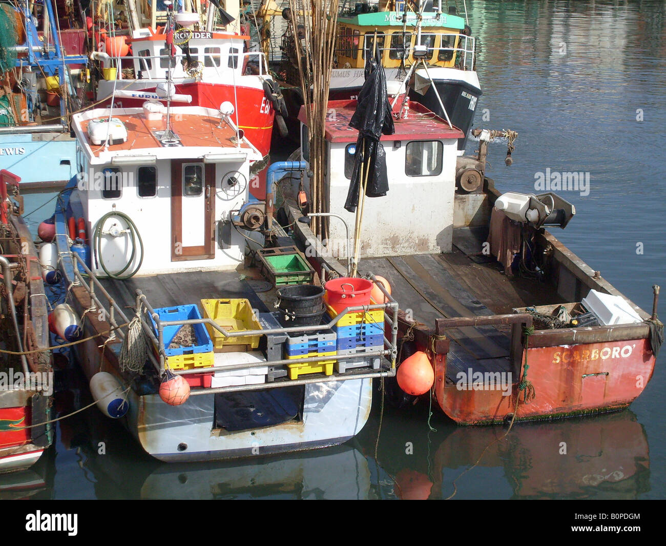 Trawler fleet moored in Scarborough harbor, North Yorkshire, England. Stock Photo