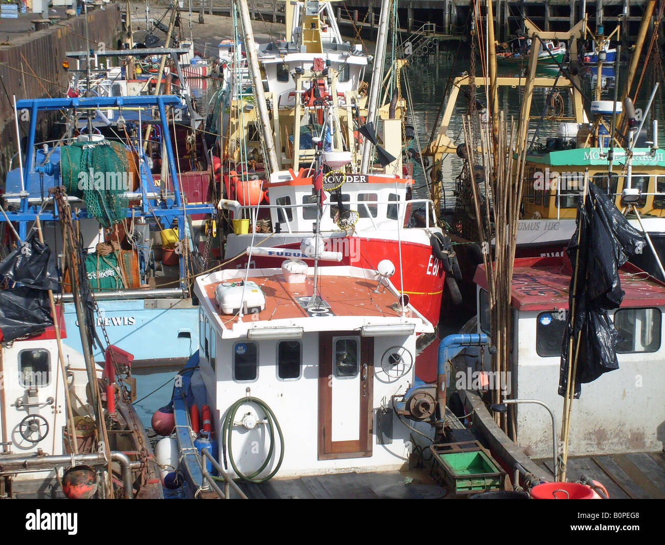 Fishing trawler fleet in Scarborough Harbor, Scarborough, North Yorkshire, England. Stock Photo