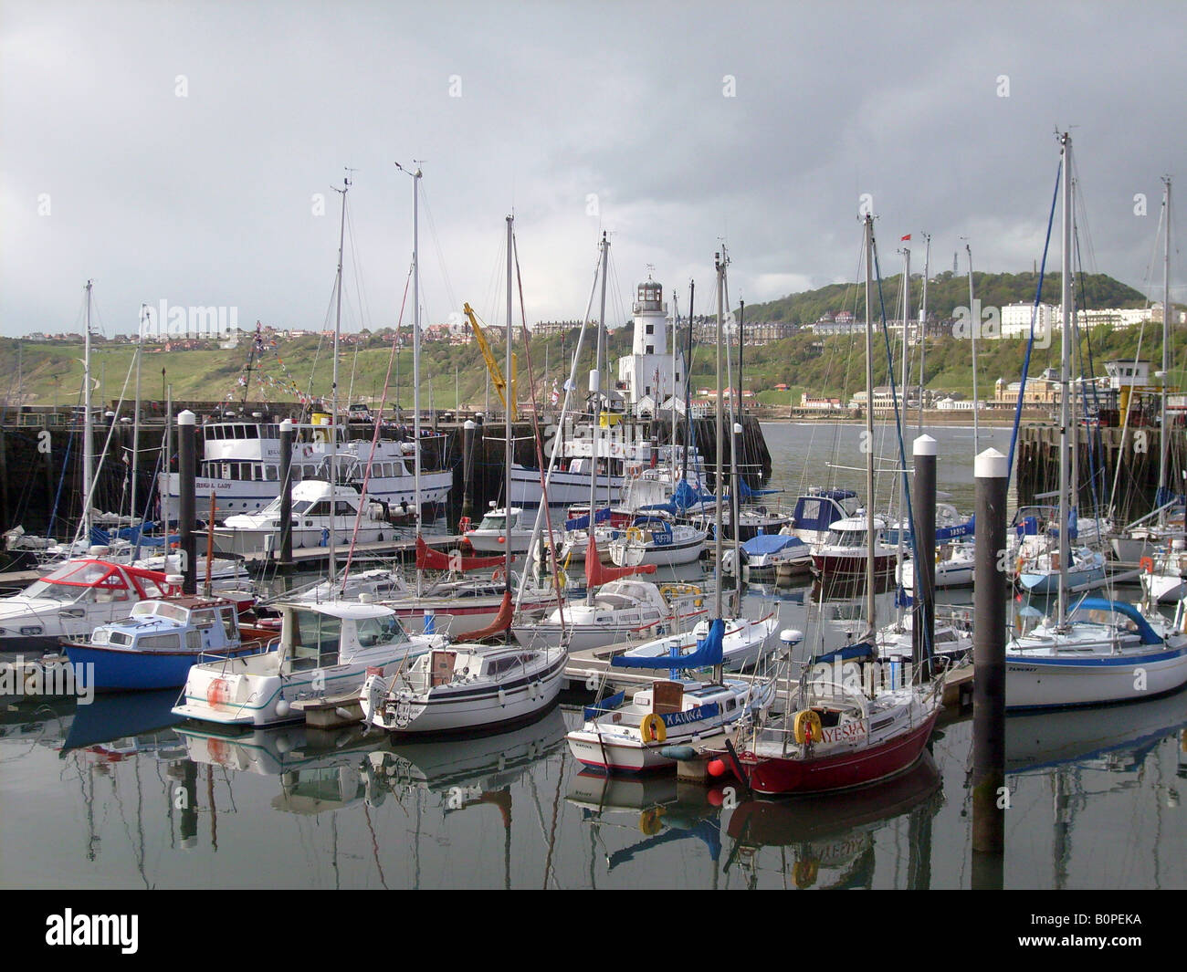 Yachts moored in Scarborough harbour, North Yorkshire, England. Stock Photo