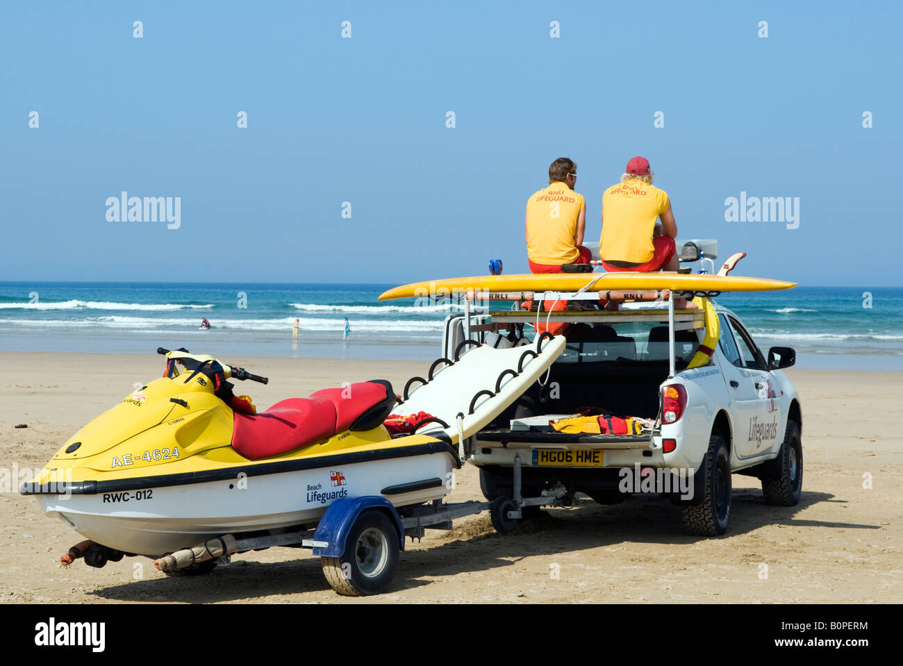 Lifeguards working Perranporth beach in Cornwall