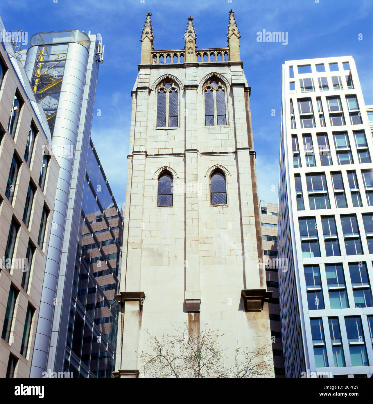 St Albans Church tower, flanked by modern architecture, Wood Street, London, England UK Stock Photo