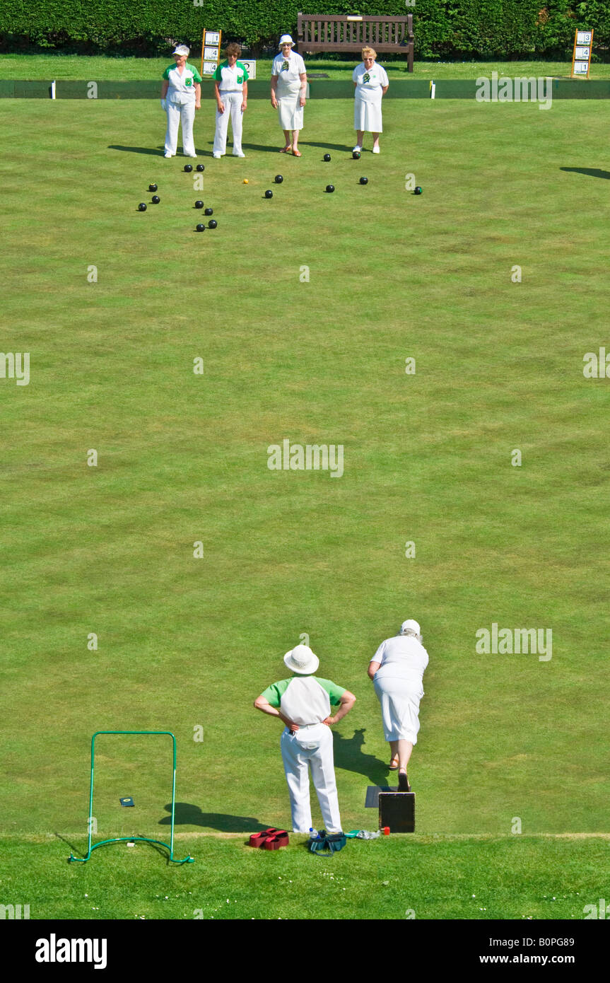 An aerial view of elderly people during a bowls match on a sunny day in Rye. Stock Photo