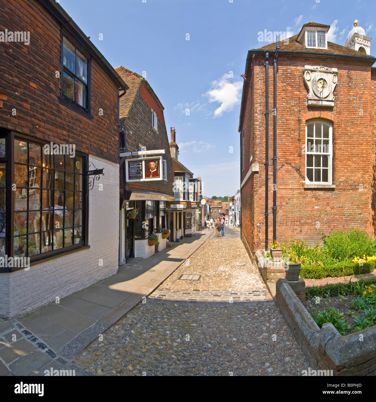 A 2 picture stitch panoramic image of Lion street showing typical architecture of Rye. Stock Photo
