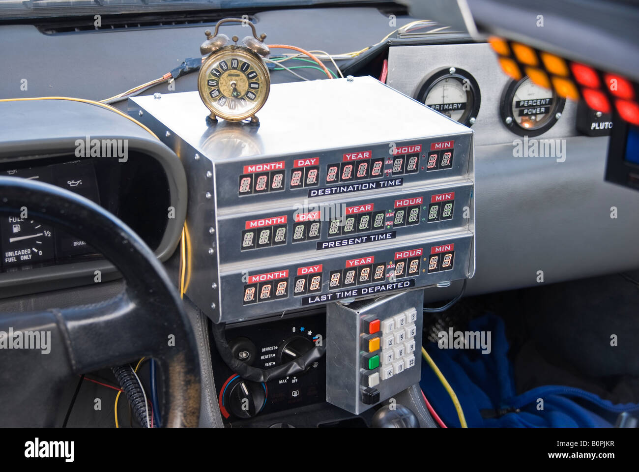 Inside of the Delorean car used in the Back To The Future film movies. Stock Photo