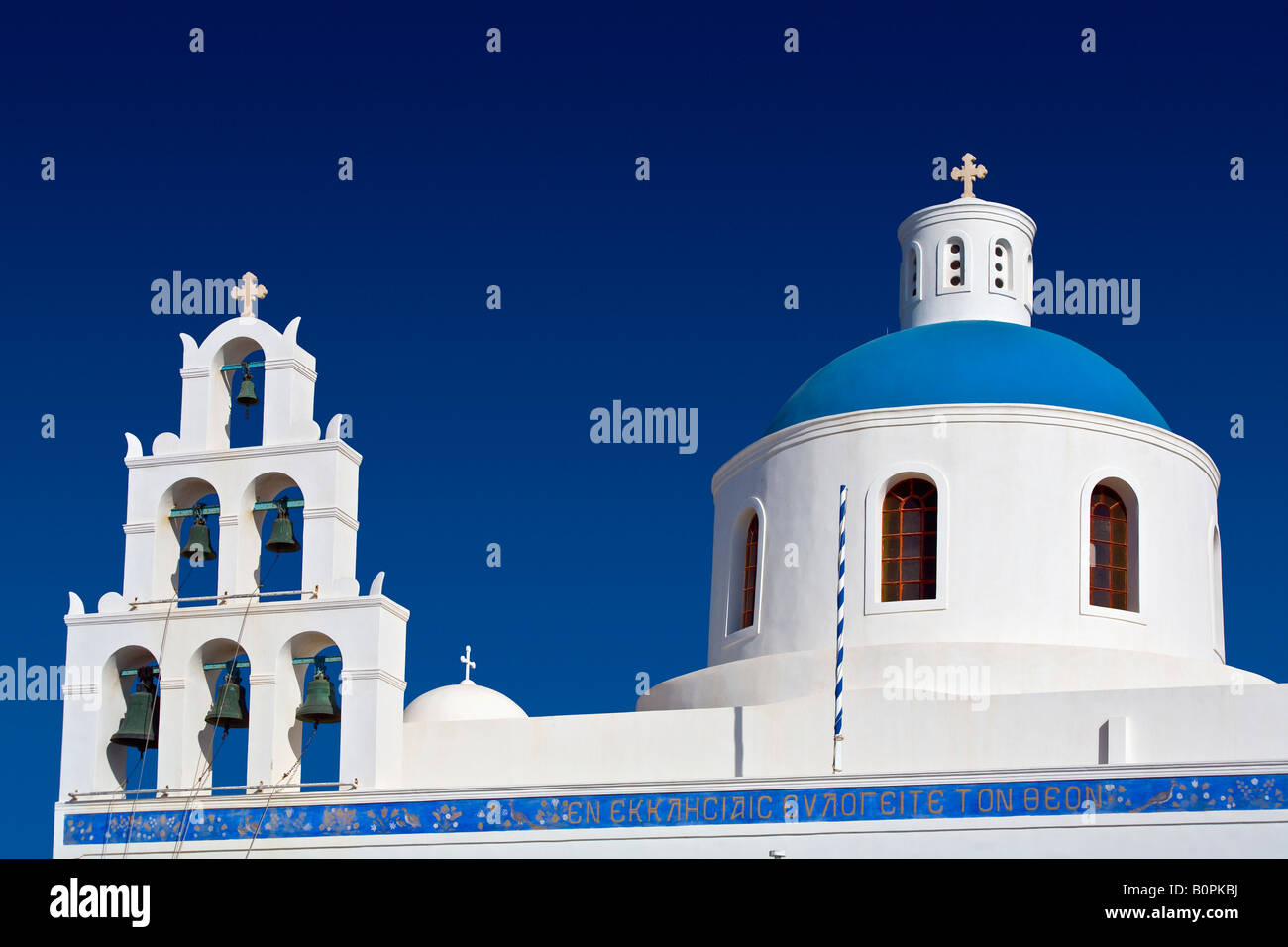 Blue and white church with bells Oia Santorini Greece Stock Photo