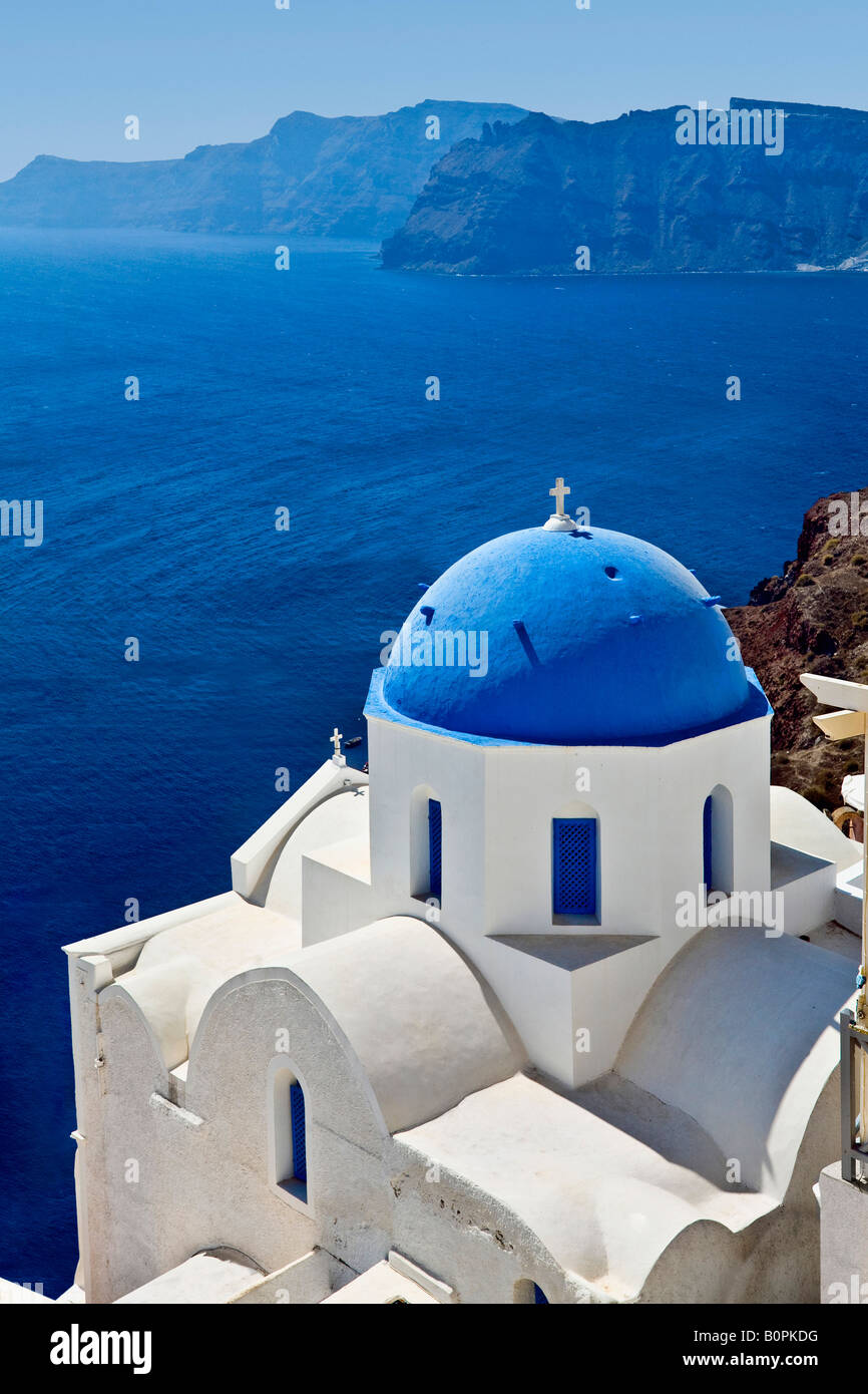 Blue and white dome of church in Oia Santorini Greece Stock Photo