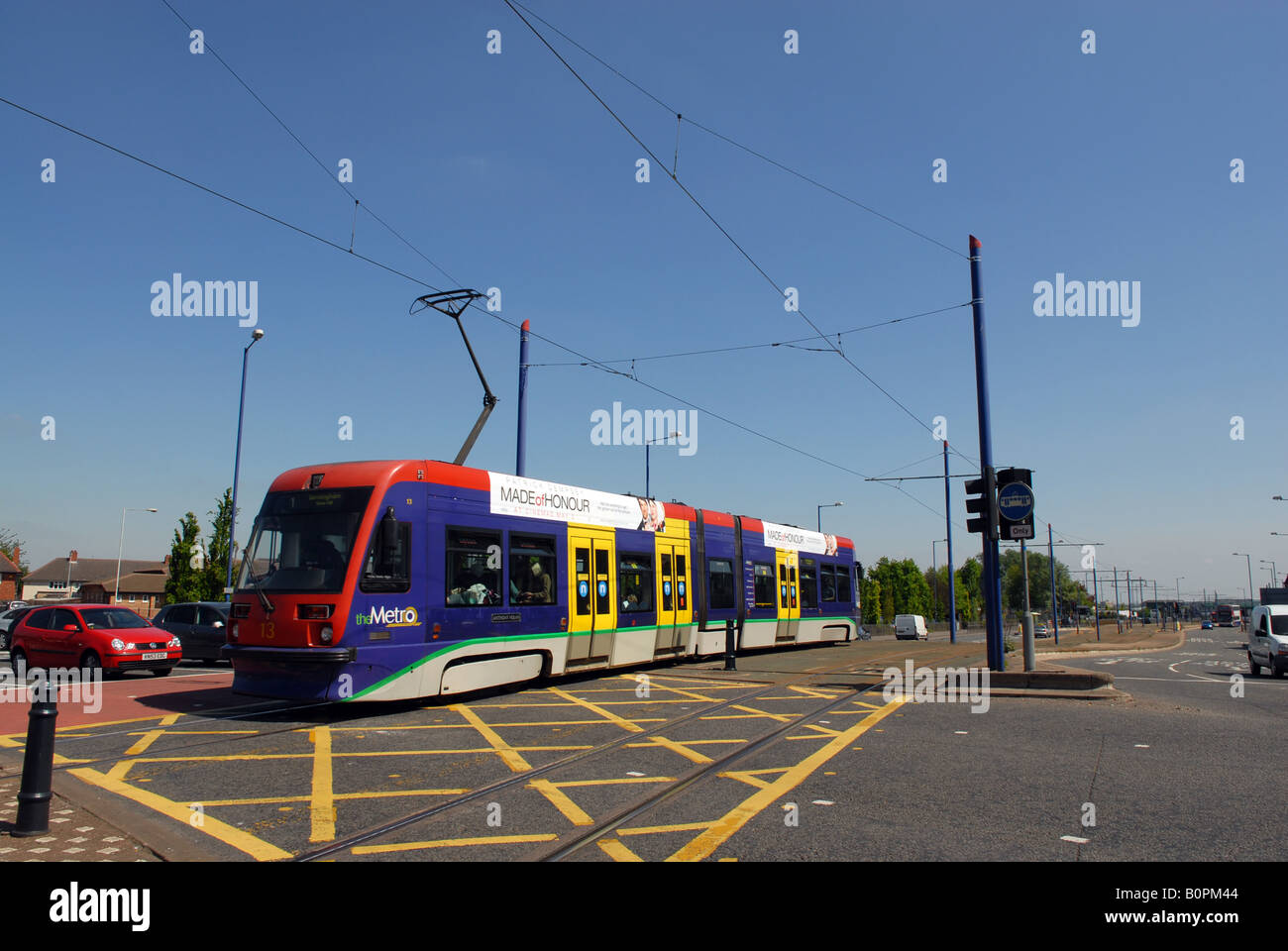 The Metro tram called Anthony Nolan arriving in Wolverhampton Stock Photo
