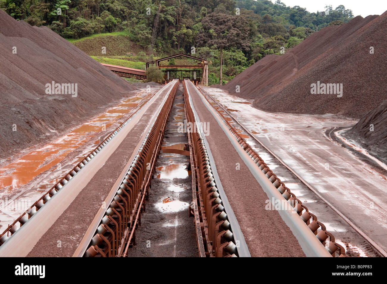 Conveyor belts are used to move iron ore on to trains at Carajas Vale