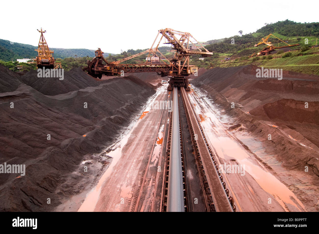 Conveyor belts are used to move iron ore on to trains at Carajas Vale