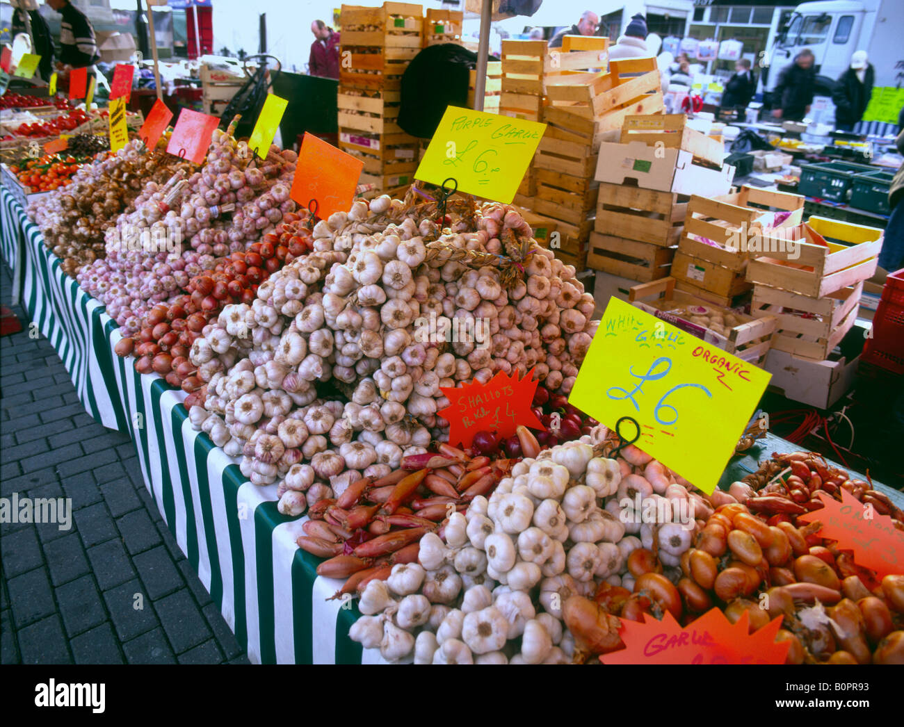 A garlic seller at a continental market held in Sleaford Lincolnshire UK Stock Photo