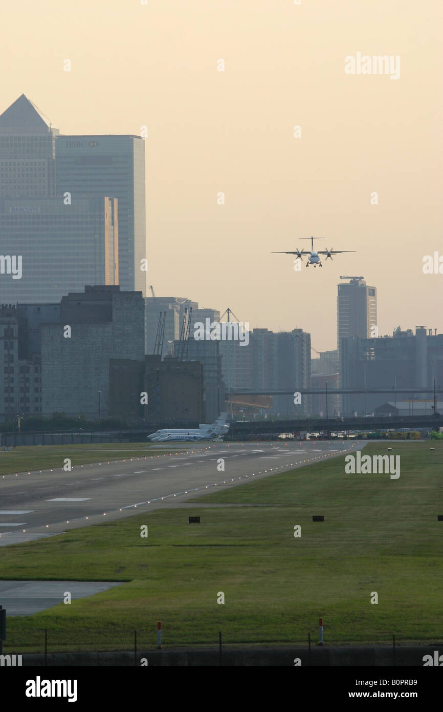Regional airplane on short final at London City Airport, England, UK. Stock Photo