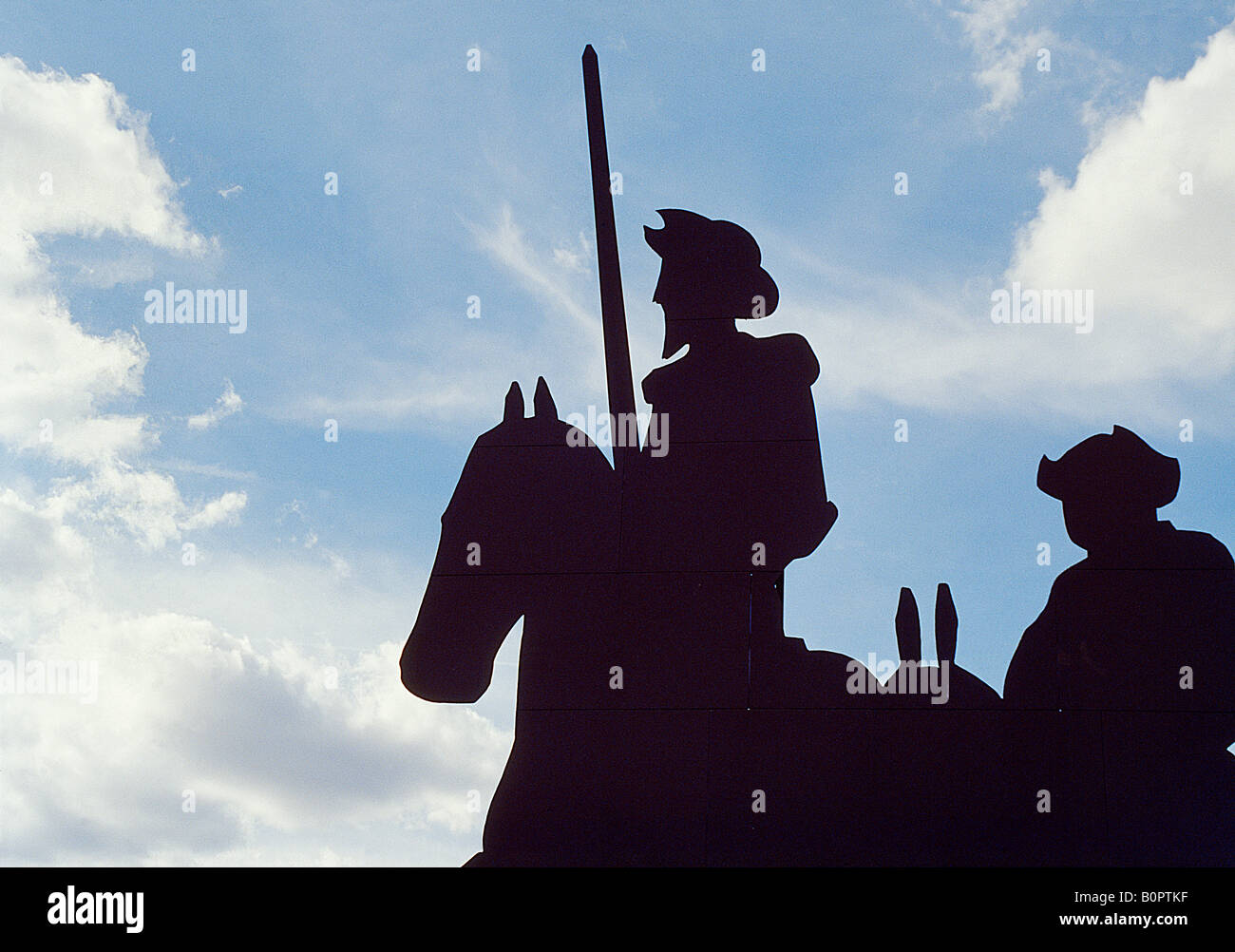 Don Quixote and Sancho Panza. Villarta de San Juan. Ciudad Real province. Castile La Mancha. Spain. Stock Photo