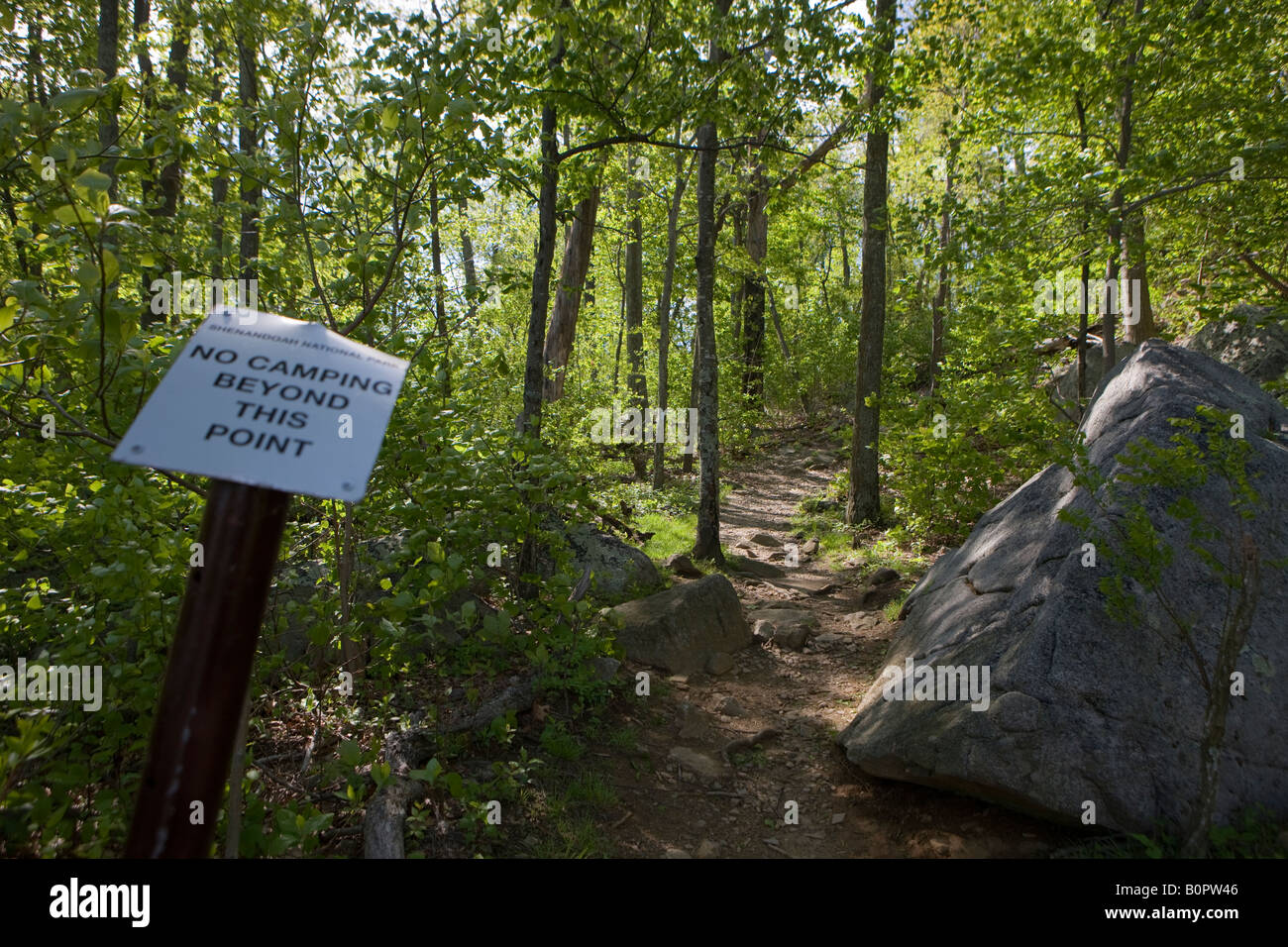 A sign denoting no camping along Ridge Trail Camping above 2 800 feet in elevation is prohibited by the NPS on Old Rag Mt VA USA Stock Photo