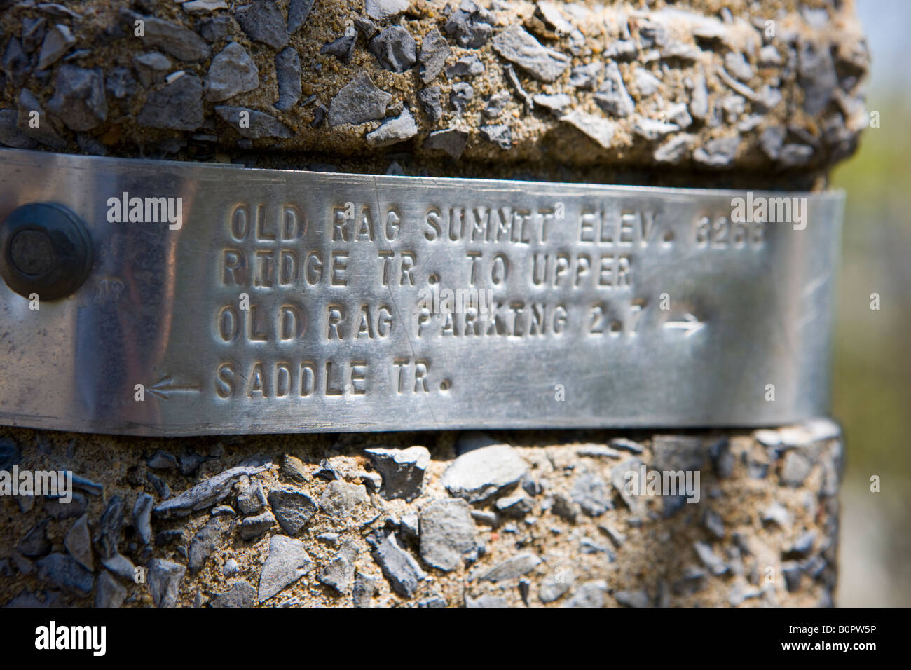 A National Park Service marker denoting the Old Rag Summit he actual elevation of the summit is officially measured 3291 feet VA Stock Photo