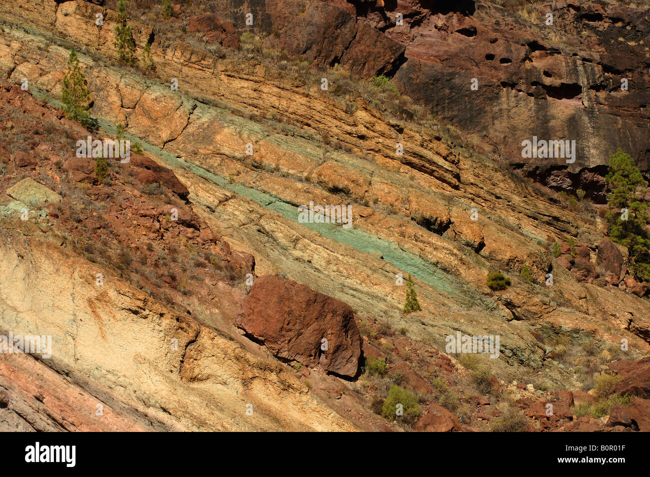 Gran Canaria layers of ore in the rugged volcanic mountain slopes Stock Photo