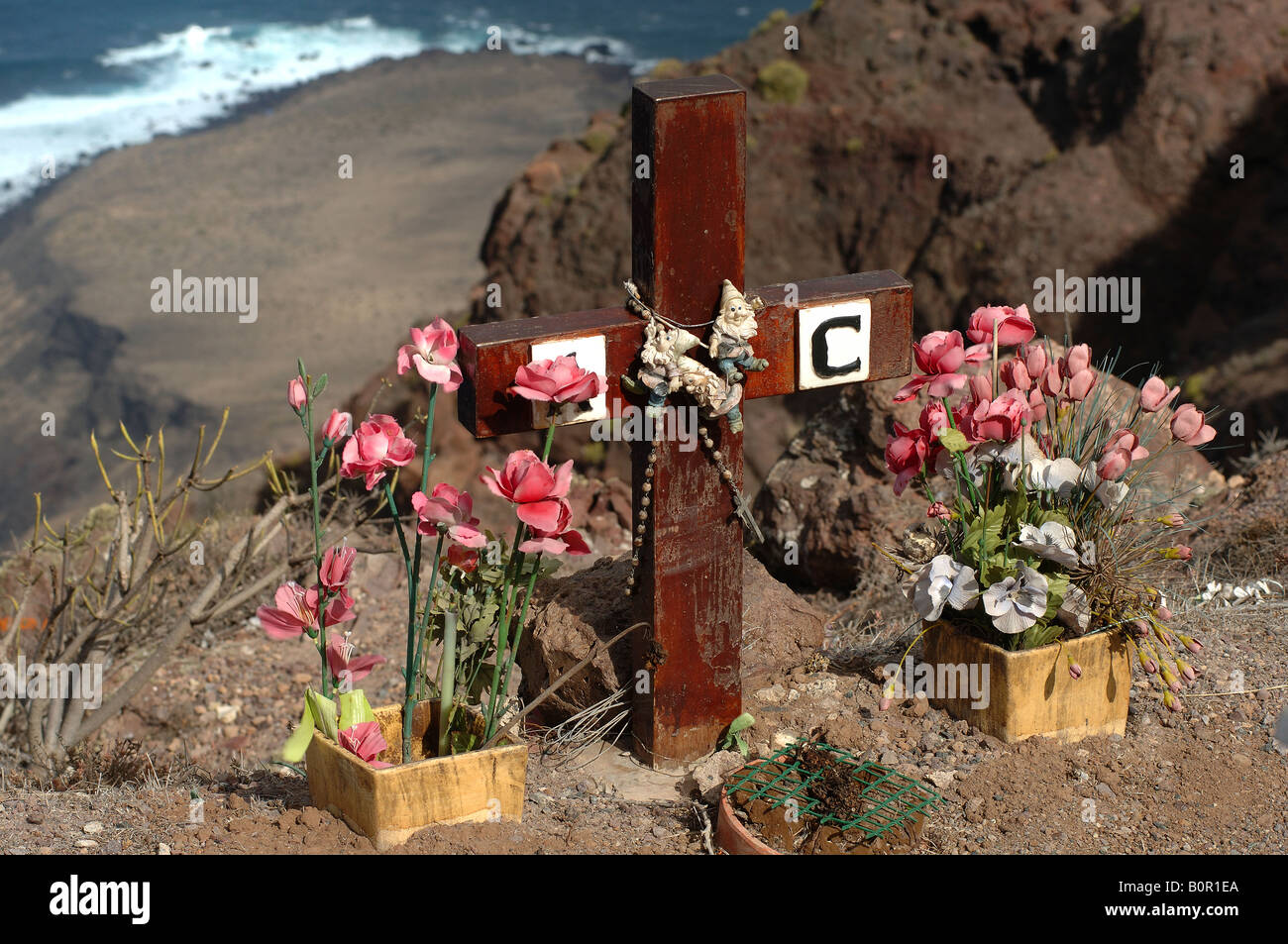 Gran Canaria a cross marking the spot where a person died in a car accident Stock Photo