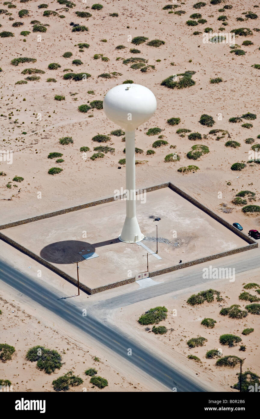 aerial above water tower in west Texas desert east of El Paso, TX Stock Photo
