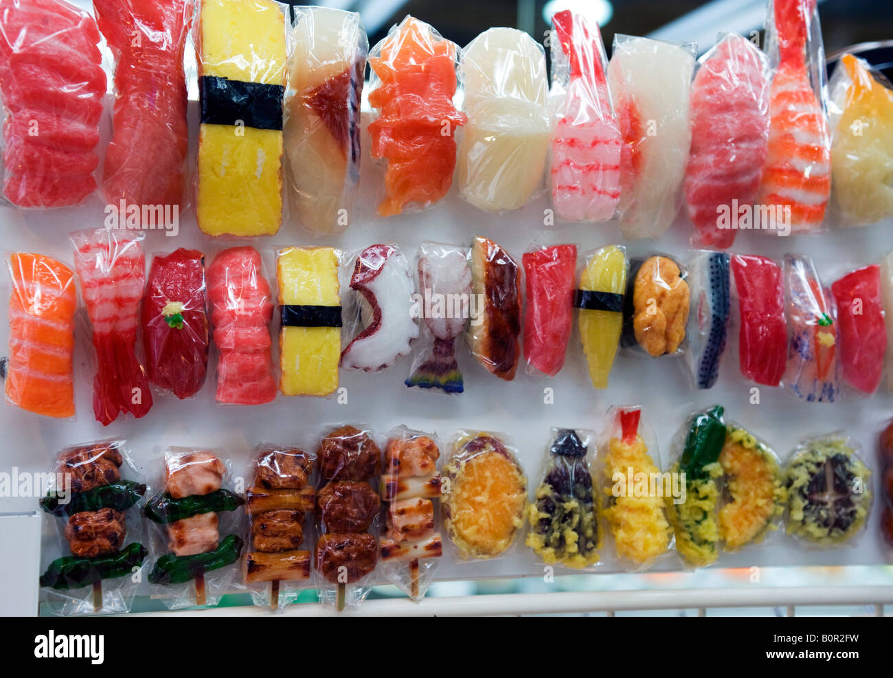 Dispaly of plastic sushi in special plastic food shop in Kappabashi kitchen product street in Tokyo 2008 Stock Photo