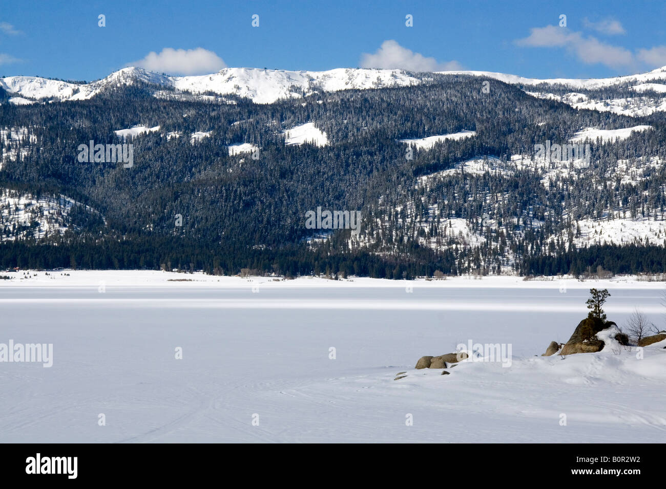Cascade Lake covered in ice and snow in Cascade Idaho Stock Photo Alamy