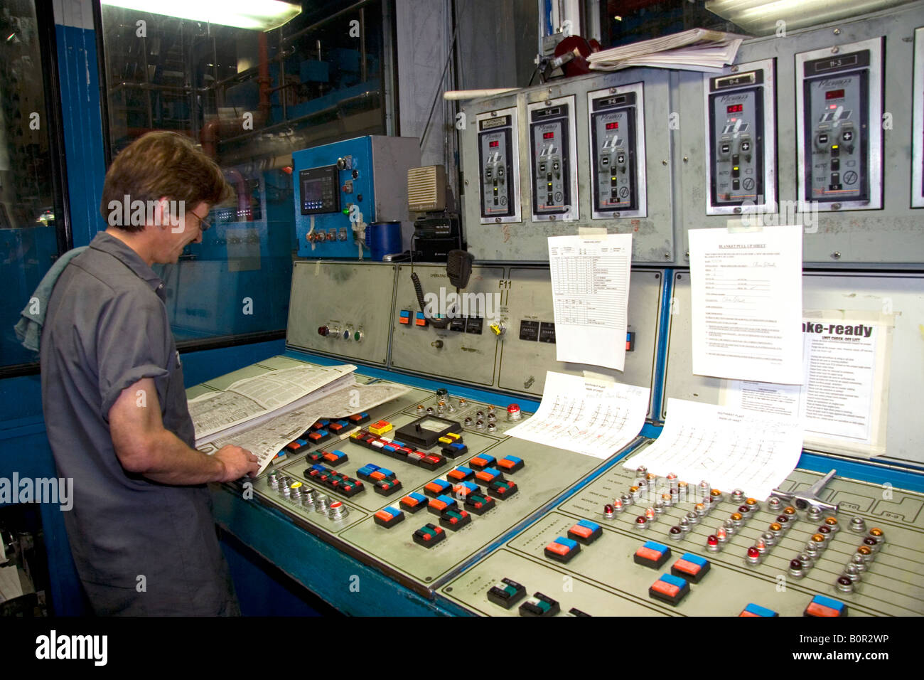 Control pannel of the rotary printing press for the Houston Chronicle in Houston Texas Stock Photo