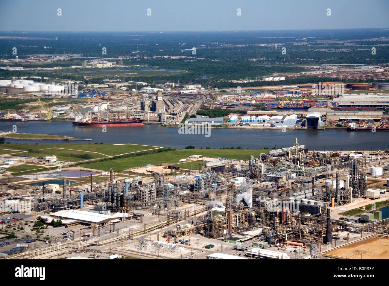 Aerial view of oil refineries along the Houston Ship Channel in Houston Texas Stock Photo