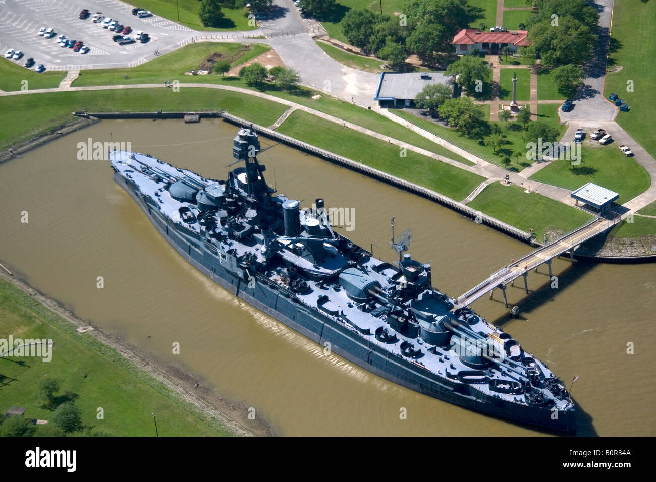 Aerial view of the Museum Battleship USS Texas at the San Jacinto Battleground State Historic Site in Houston Texas Stock Photo