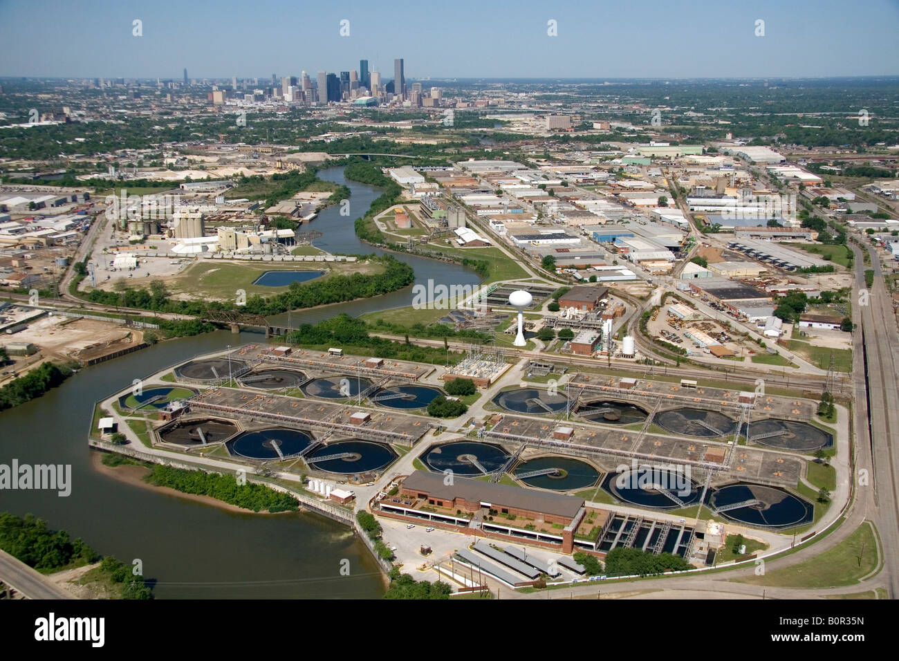 Aerial view of a sewage treatment facility along the Houston Ship Channel in Houston Texas Stock Photo