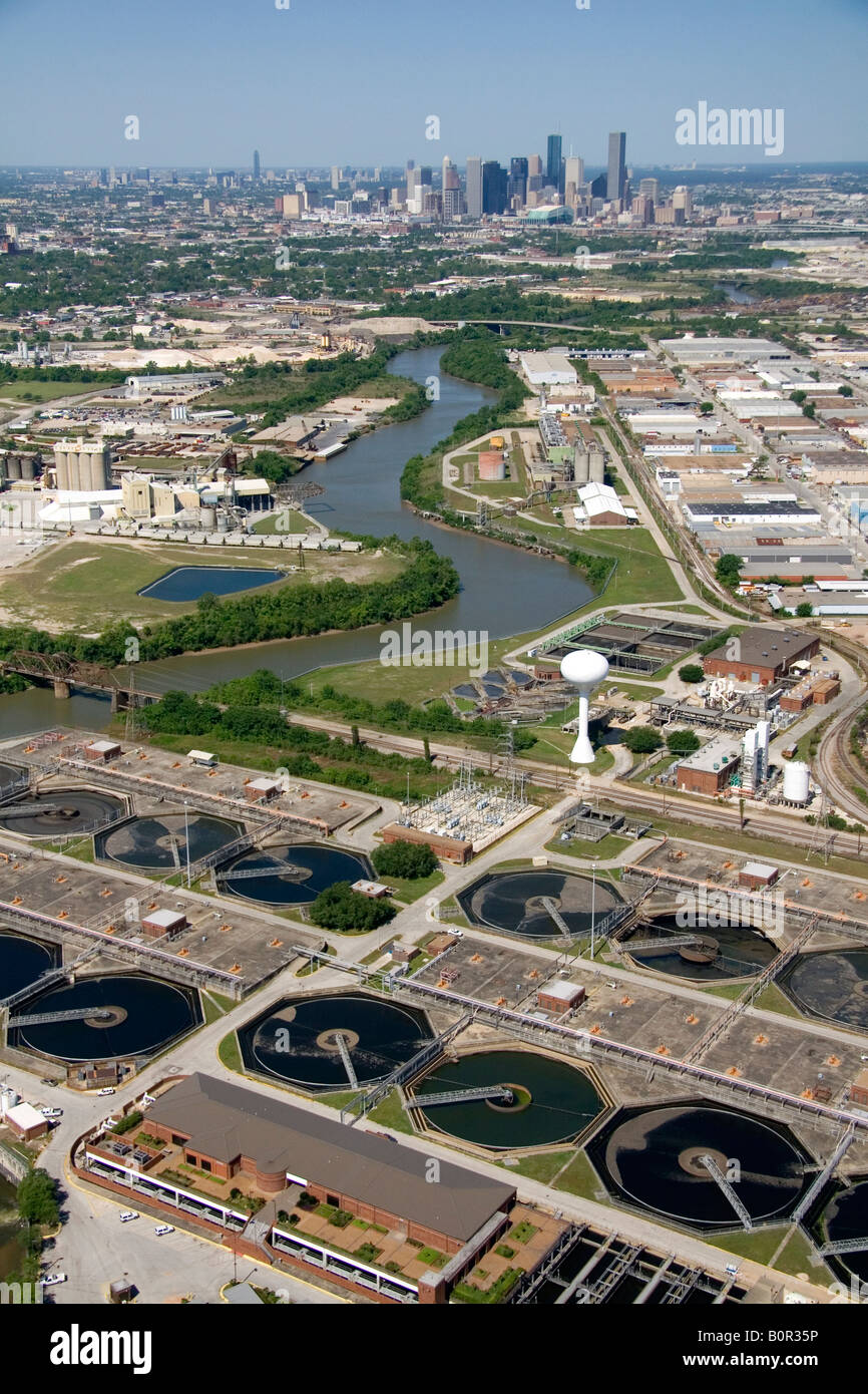 Aerial view of a sewage treatment facility along the Houston Ship Channel in Houston Texas Stock Photo