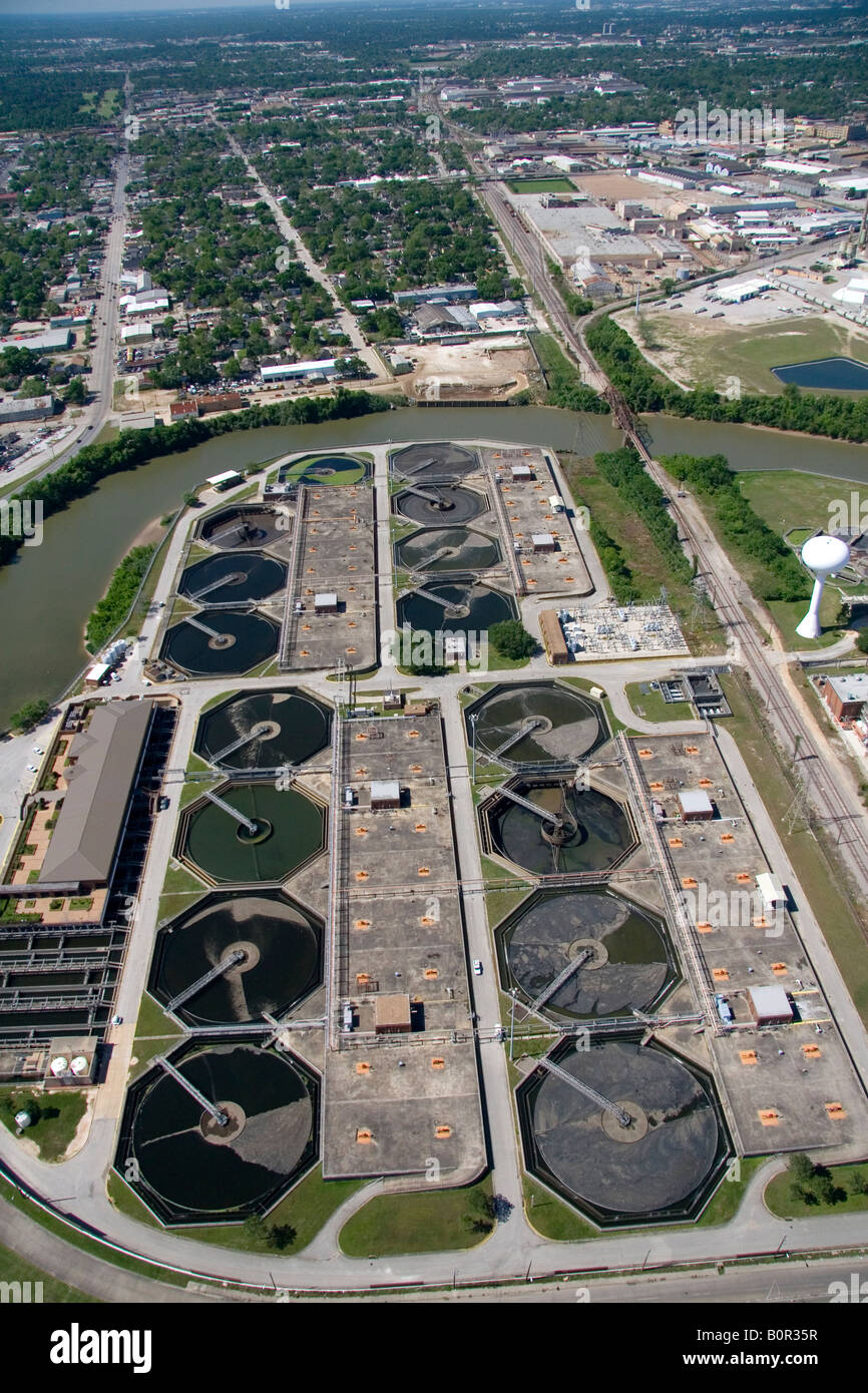 Aerial view of a sewage treatment facility along the Houston Ship Channel in Houston Texas Stock Photo