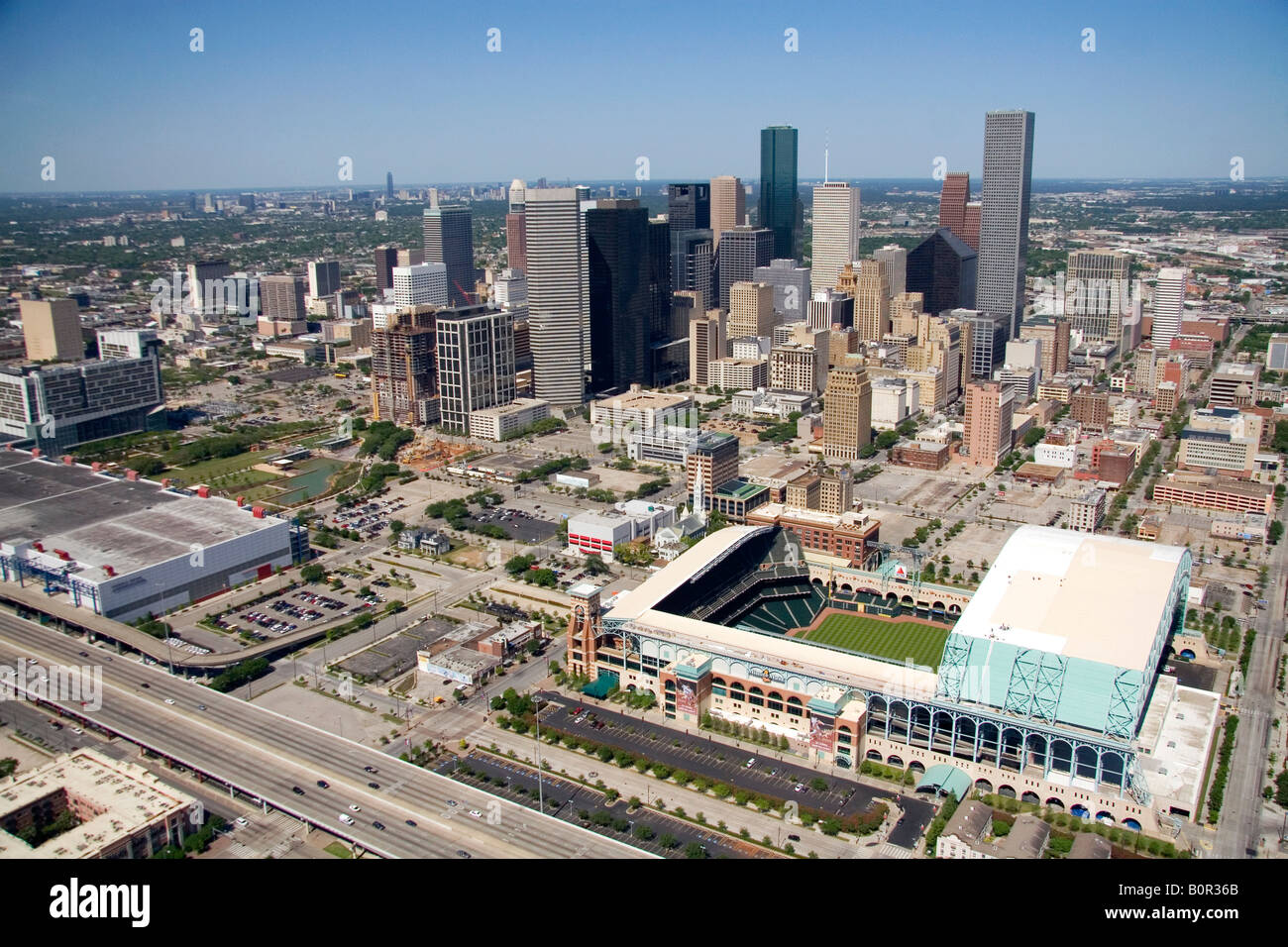 Wide angle view of Minute Maid Park showing downtown Houston