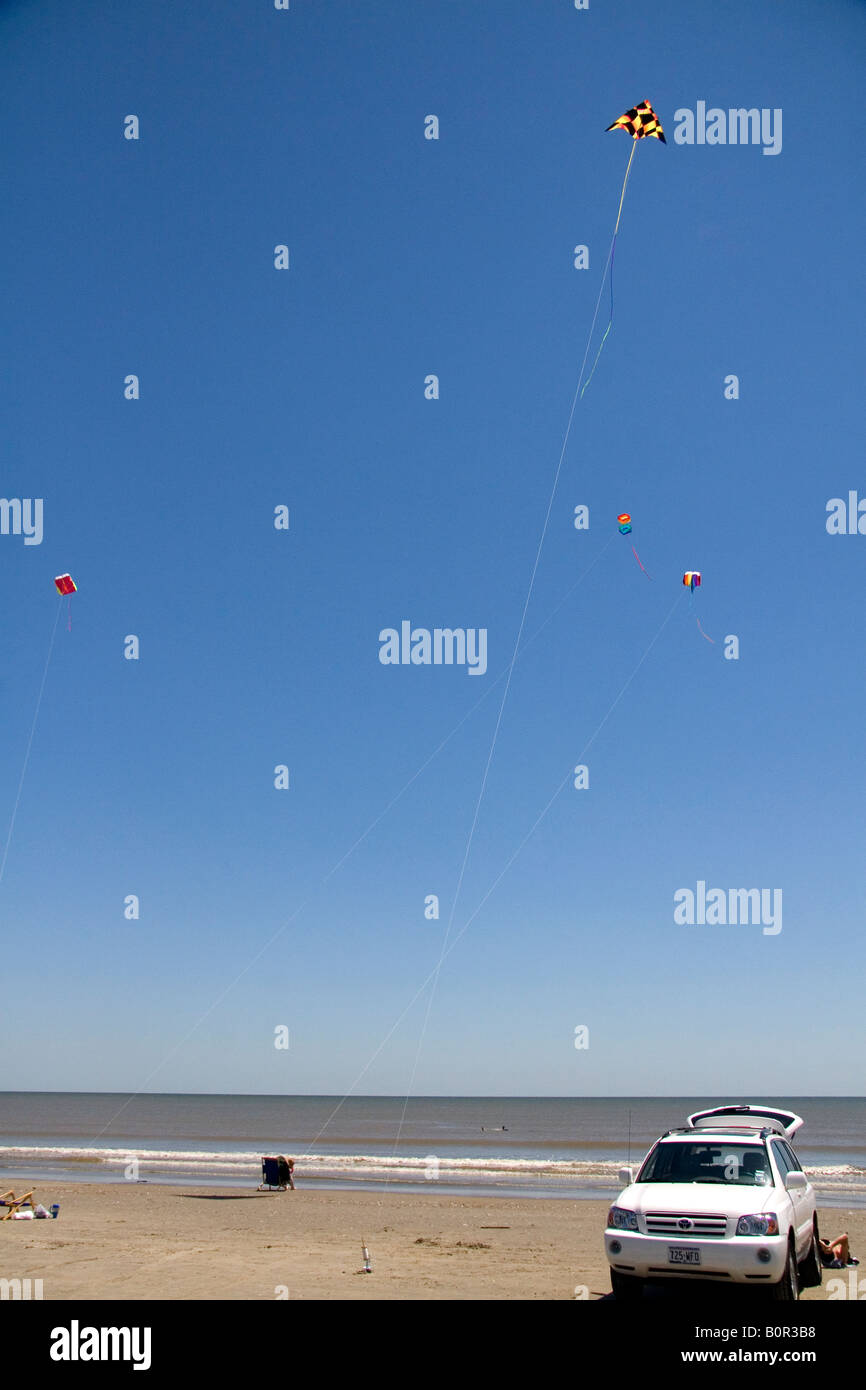 Kite flying at Galveston Beach on the Gulf of Mexico in Galveston Texas