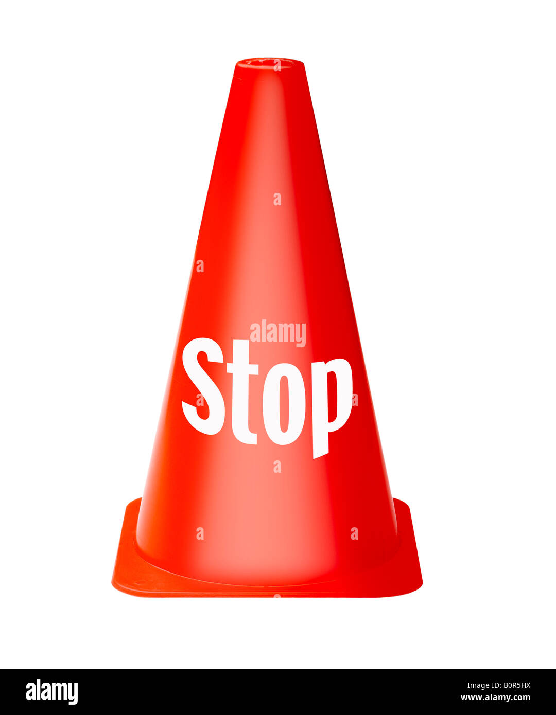 bright red safety cone with stop sign printed on against white cutout