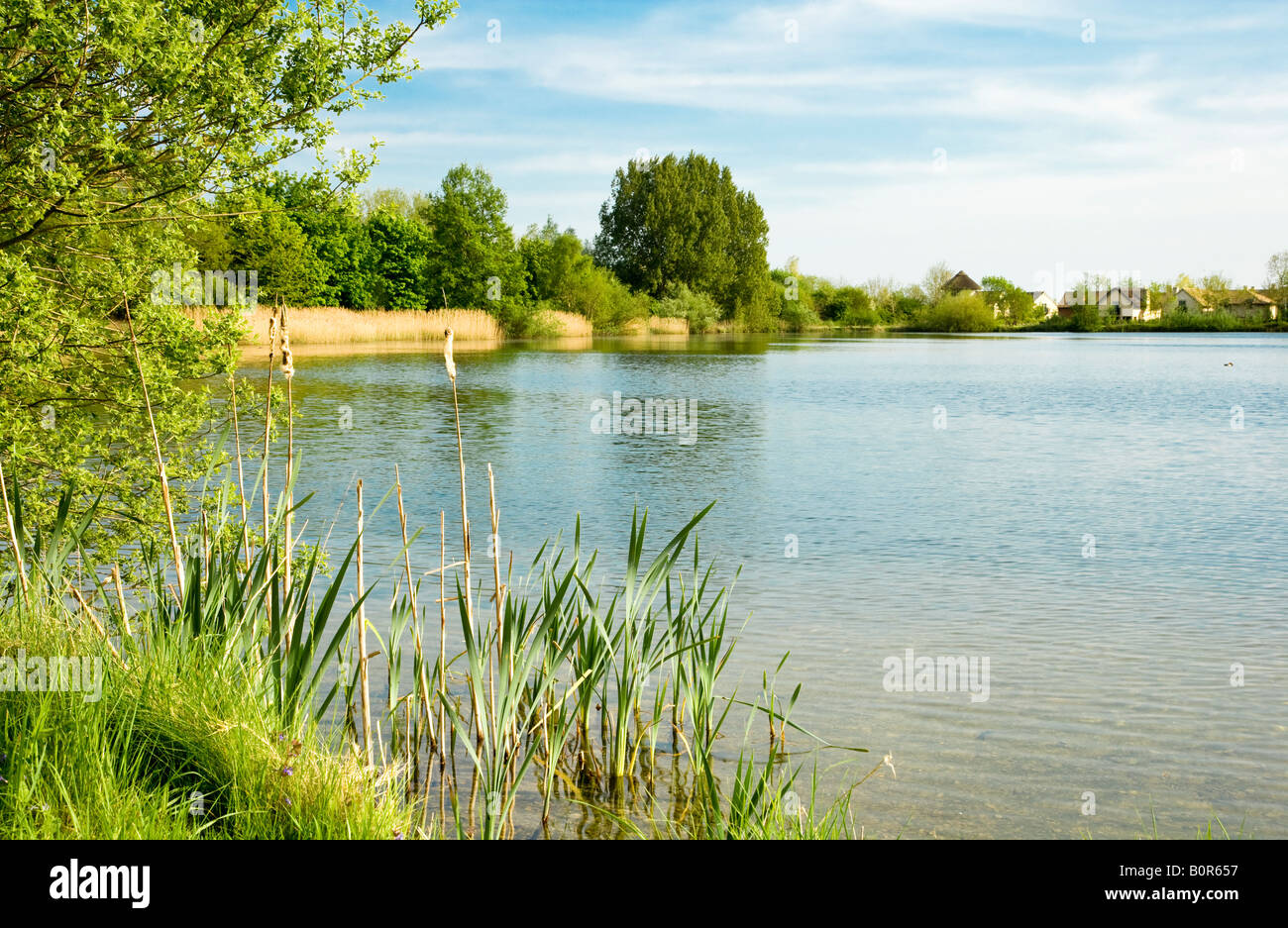 Mill Lake and houses of the Lower Mill Estate, Cotswold Water Park