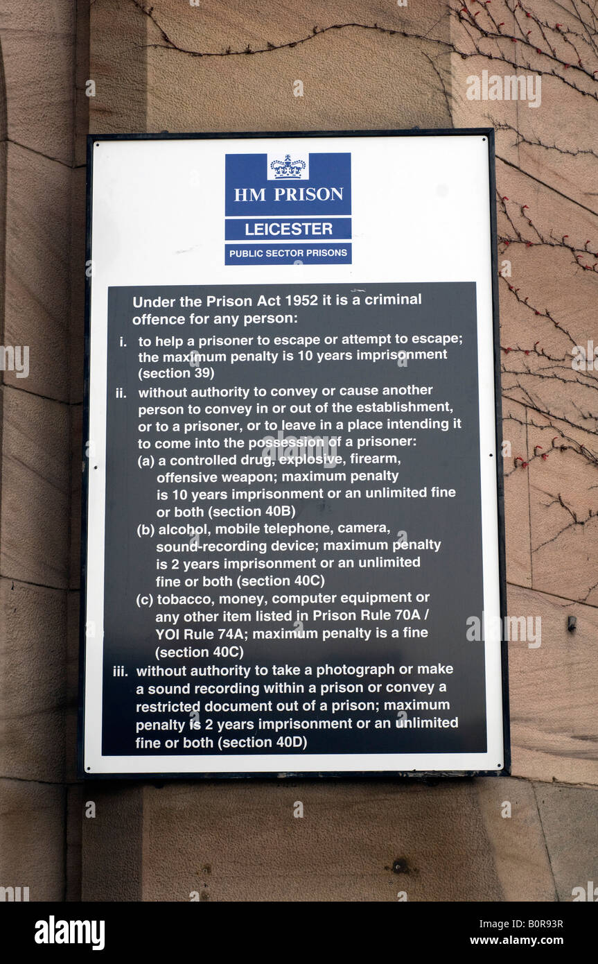 The rules and regulations posted at the entrance gate of the Victorian jail HMP Leicester Prison in Welford Road Leicester Stock Photo