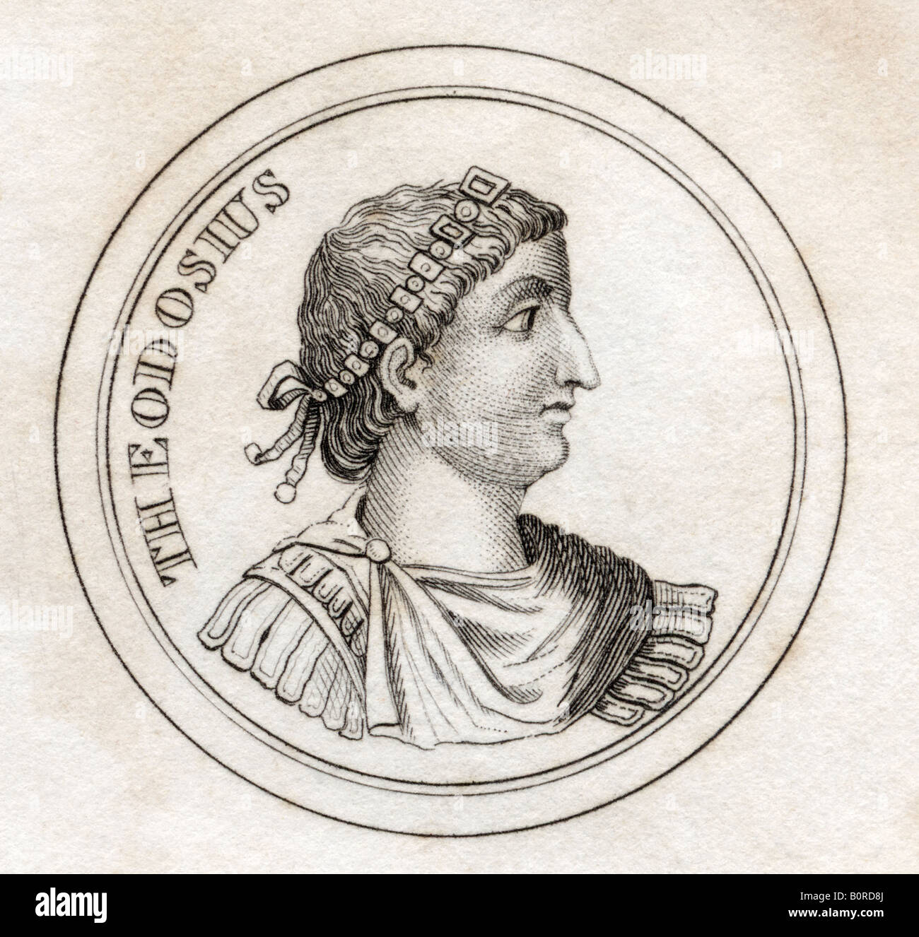 Theodosius the Great, Flavius Theodosius, AD 347 - 395.  Roman Emperor.  From the book Crabbs Historical Dictionary, published 1825. Stock Photo
