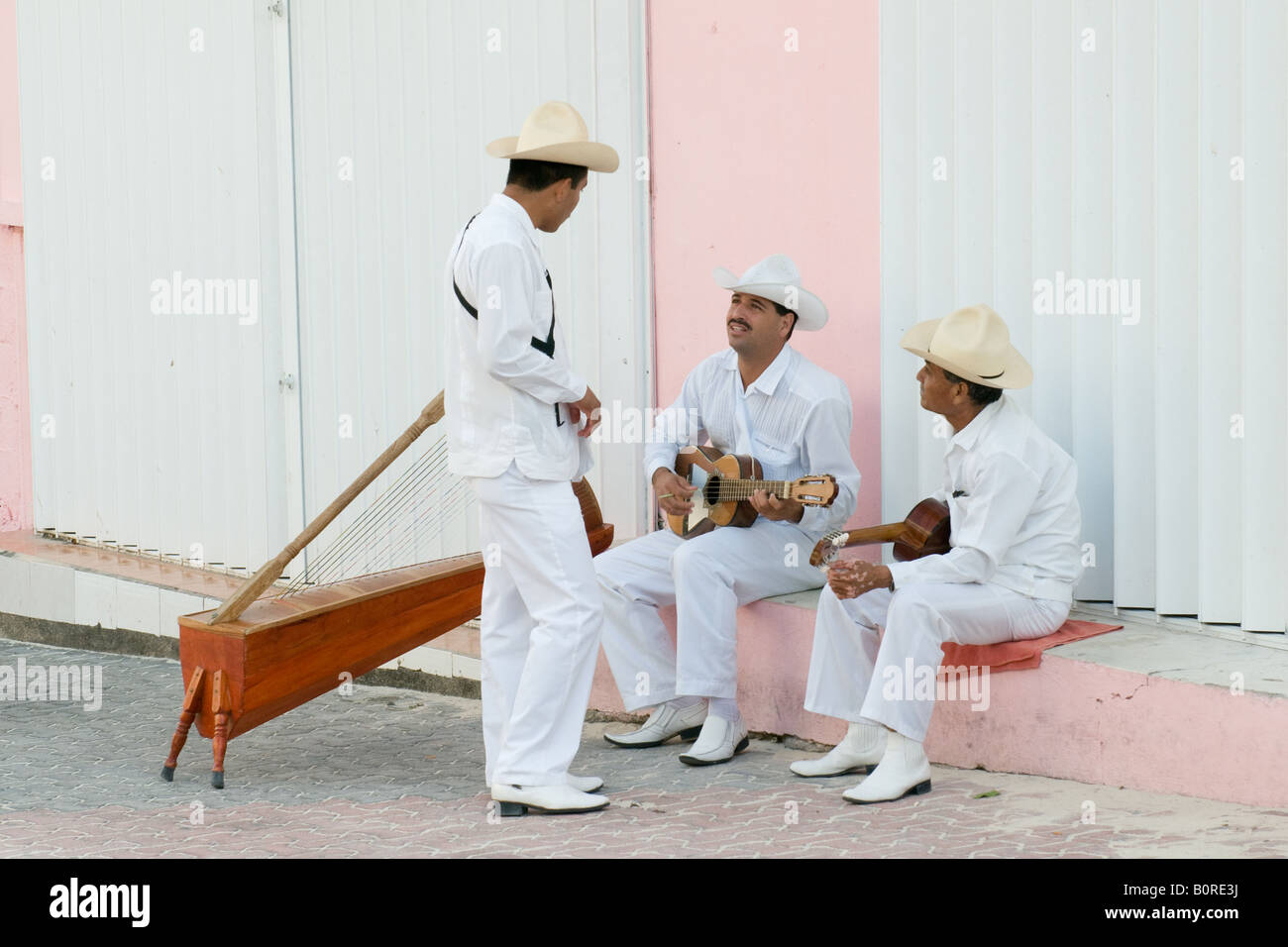 Mariachi band relaxing Fifth Avenue Playa del Carmen Mexico Stock Photo