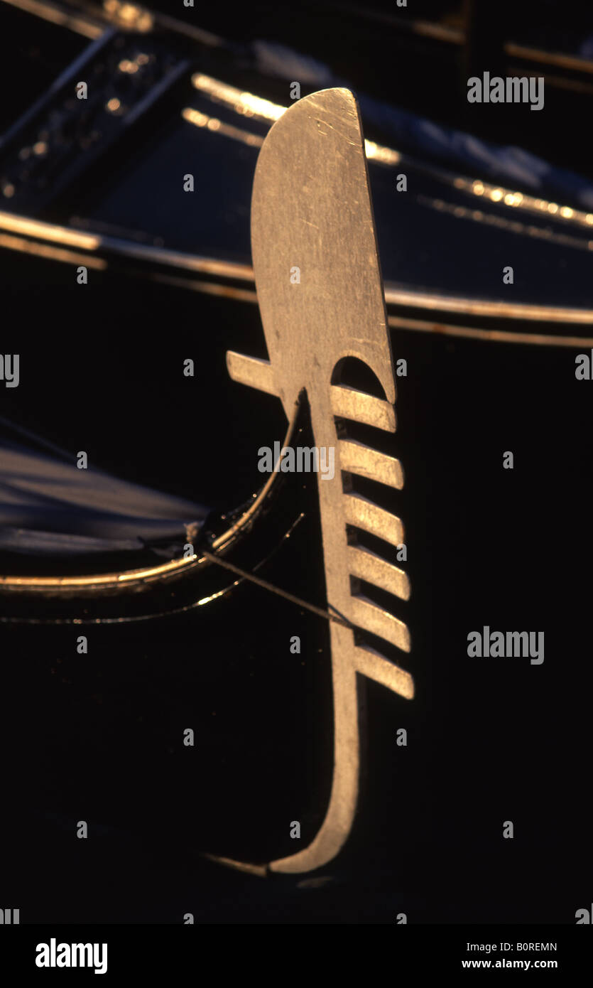 Close up of ferro bow or head of gondola San Marco Venice Veneto Italy Stock Photo