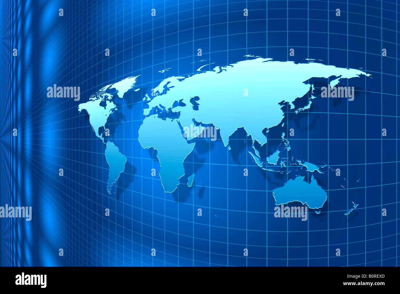 Illuminated blue world map against blue background with grid structure. Stock Photo