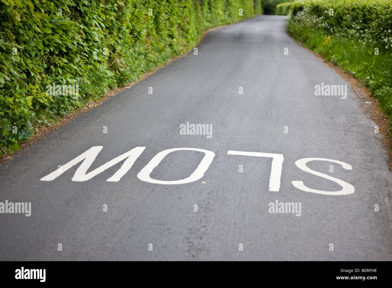 Country road with Slow markings.  Shallow depth of field gives almost 3d effect. Stock Photo