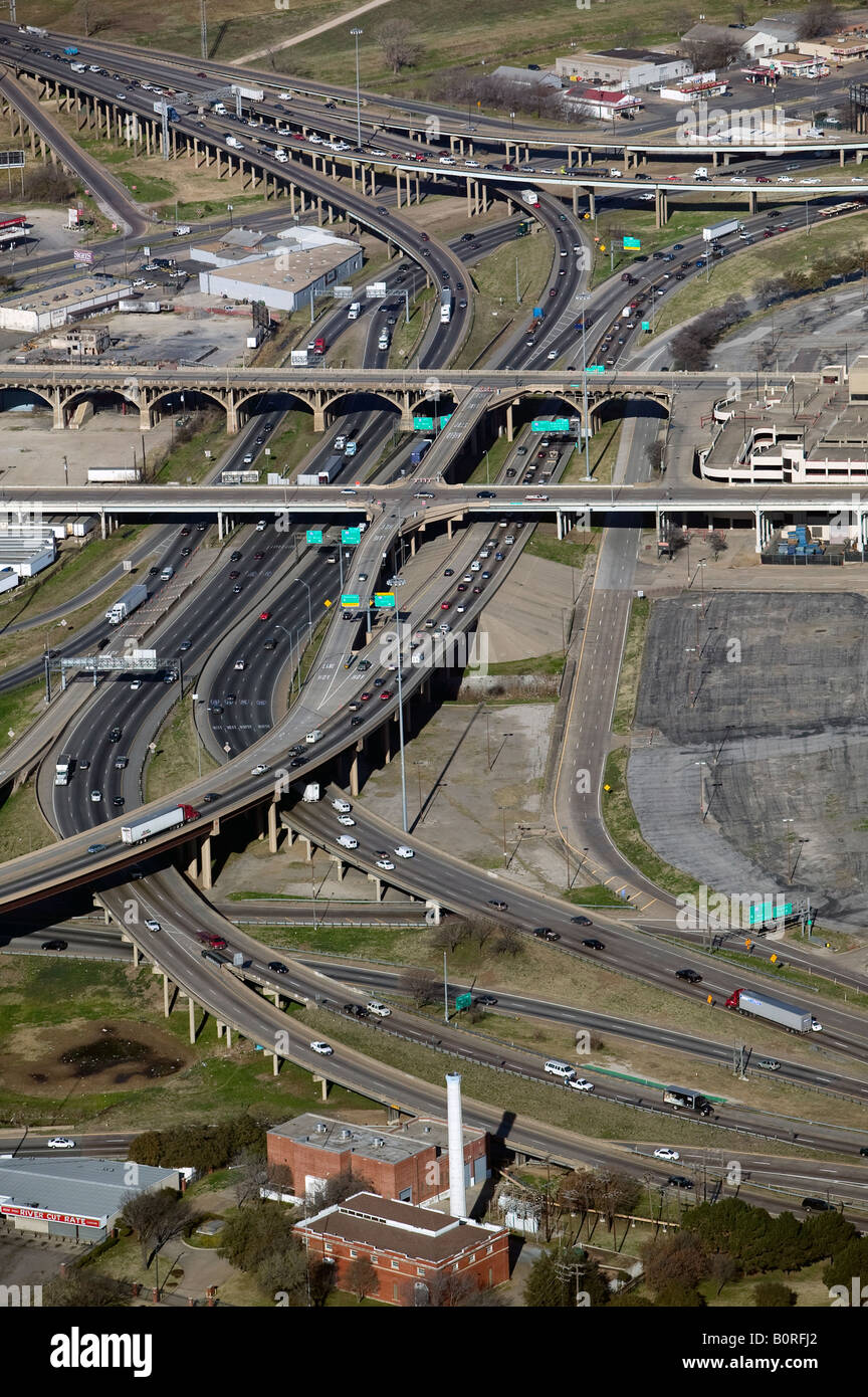 aerial above Dallas Texas interchange on west side of city Stock Photo