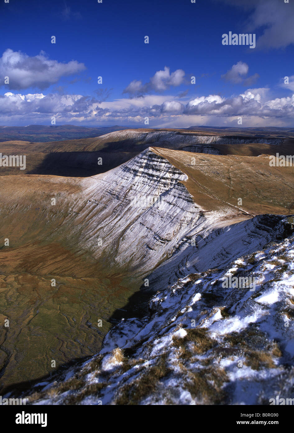 Cribyn in snow from summit of Pen y Fan Brecon Beacons National Park ...