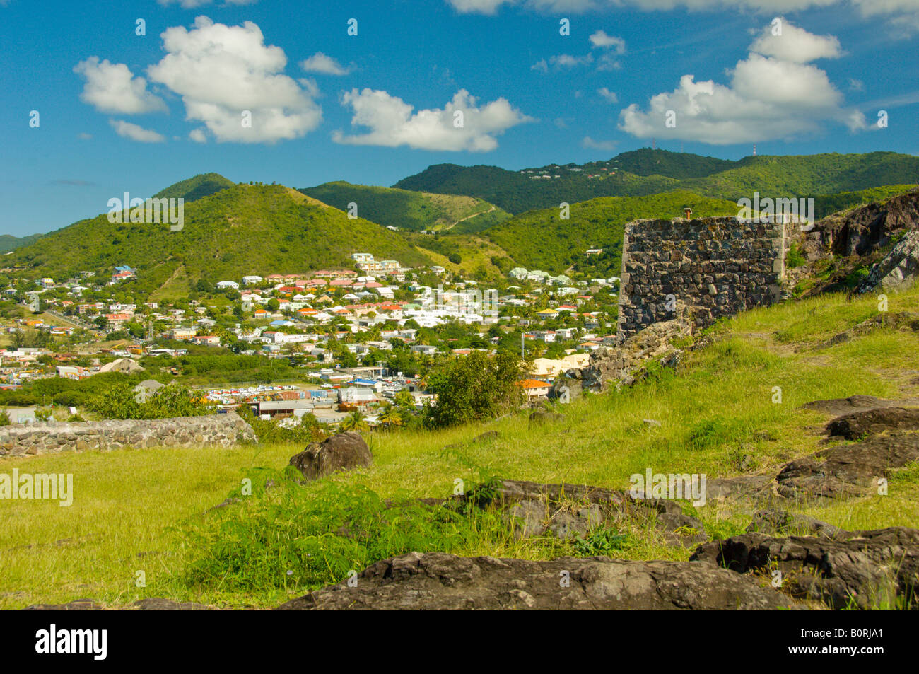 The hillside capital of Marigot Saint Martin French Protectorate from Fort St Louis Stock Photo