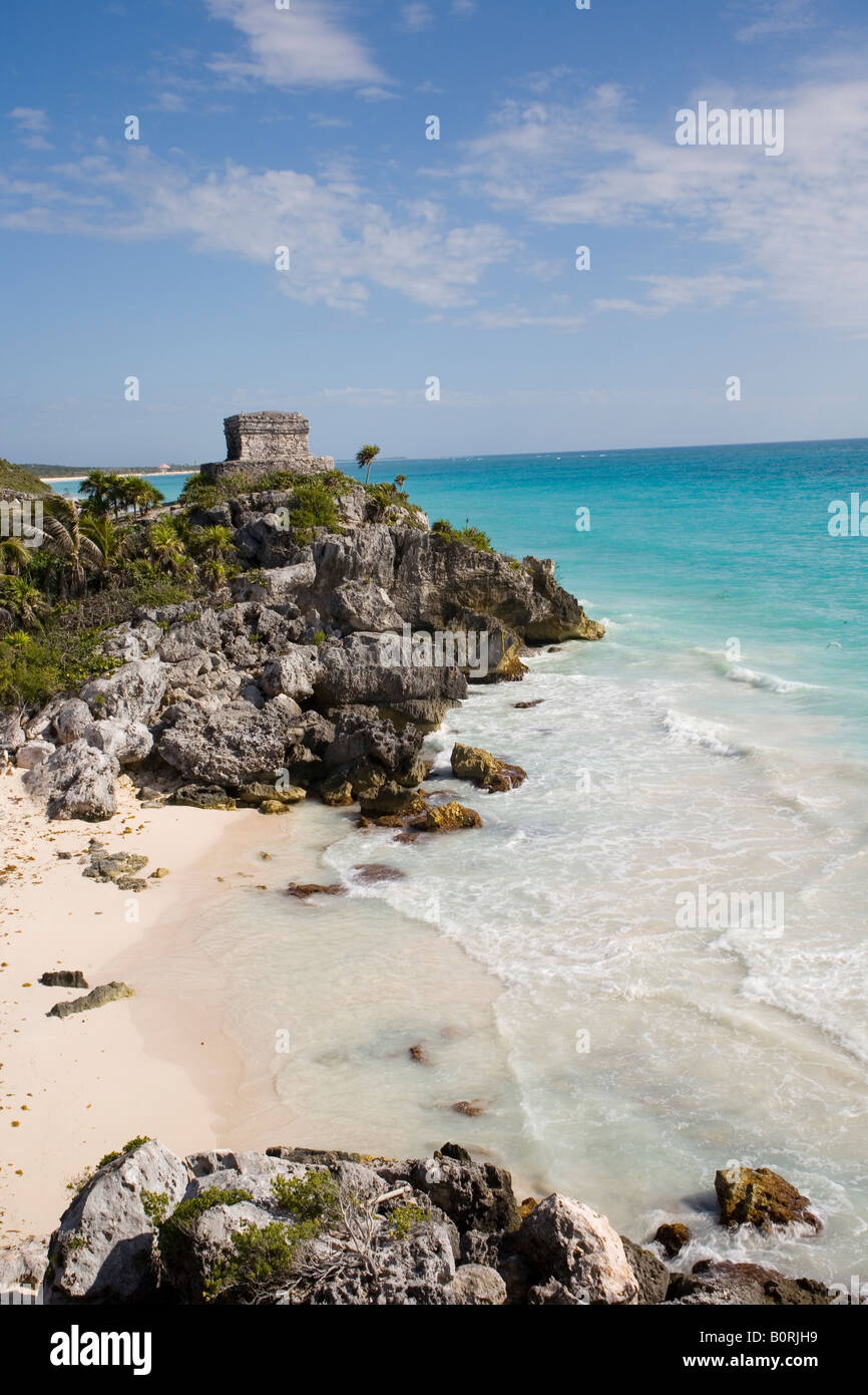 Ancient Mayan Temple Templo del Dios del Viento built on cliff top over looking the Caribbean ocean. Stock Photo