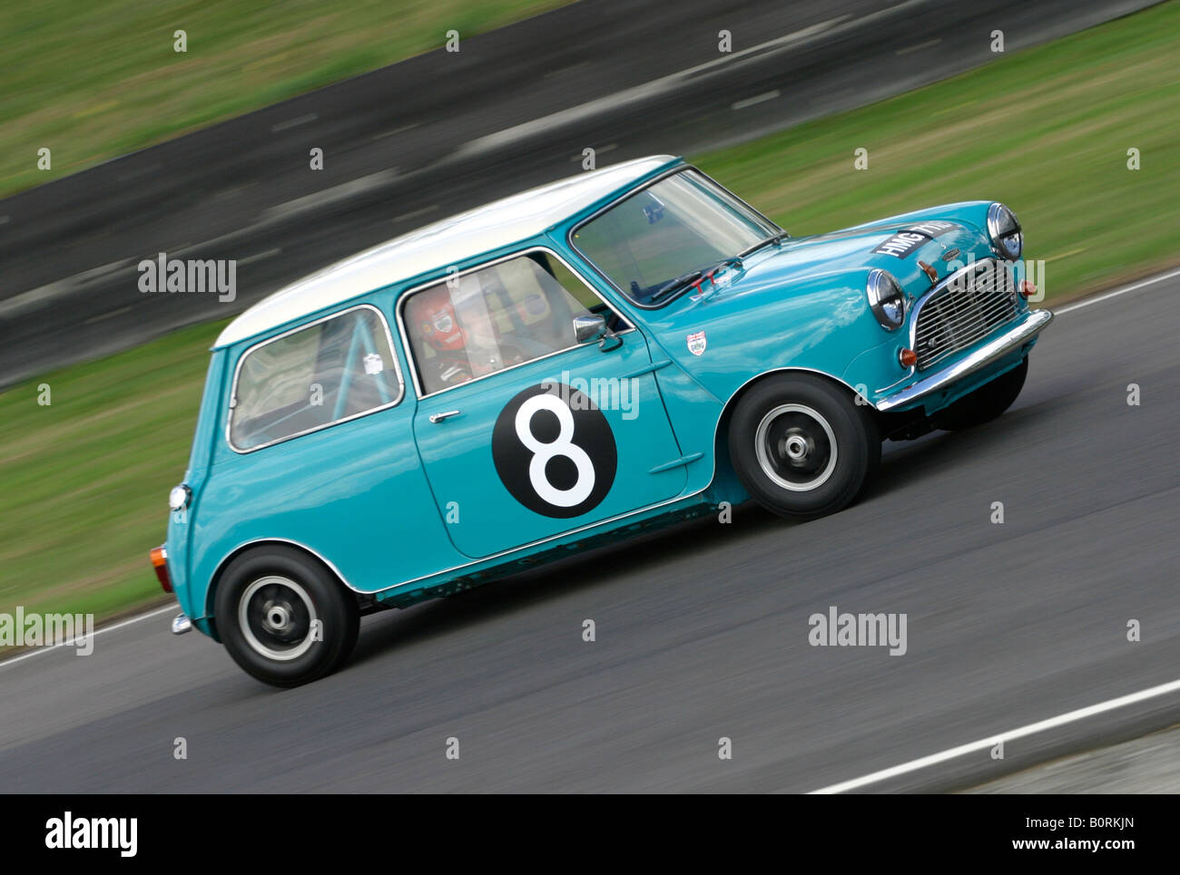 1964 Austin Mini Cooper S at Goodwood Revival, Sussex, UK. Driver - Barrie "Whizzo" Williams. Stock Photo