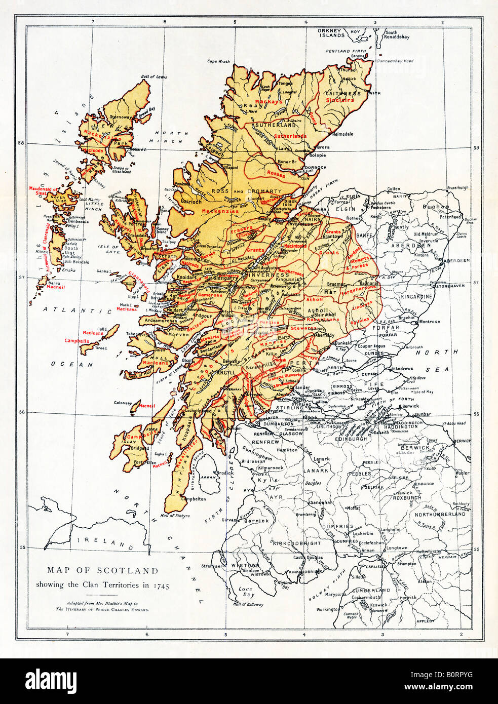 Scotland Clan Territories 1745 map of the Highland Clans at the rebellion of Bonnie Prince Charlie Stock Photo