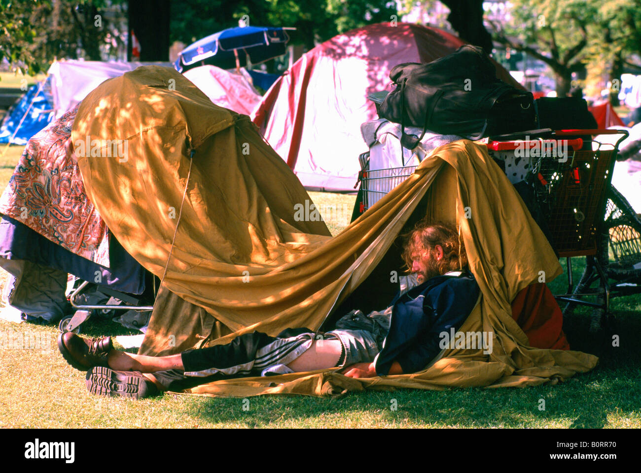 Homeless Man sleeping in Makeshift Tent Home and Shelter, Tent City in Urban Park, North America