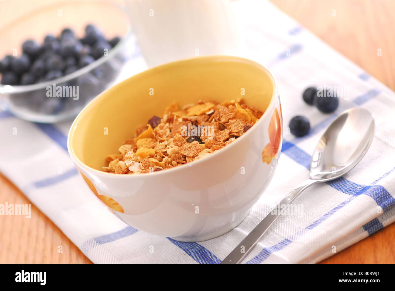 Healthy breakfast of cereal milk and blueberries served on a table on sunny morning Stock Photo