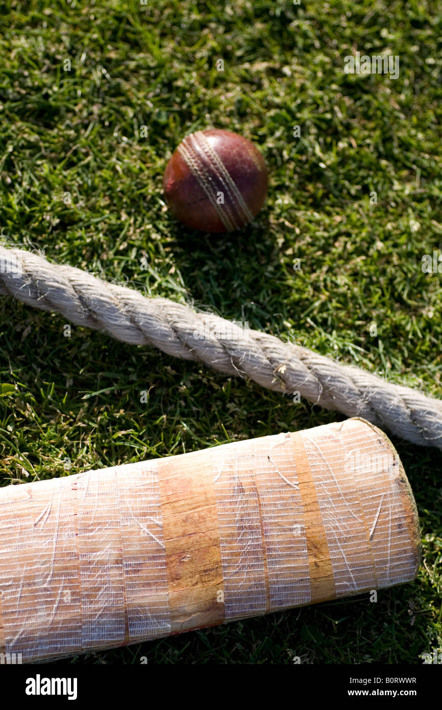 Cricket bat ball and boundary rope Stock Photo Alamy