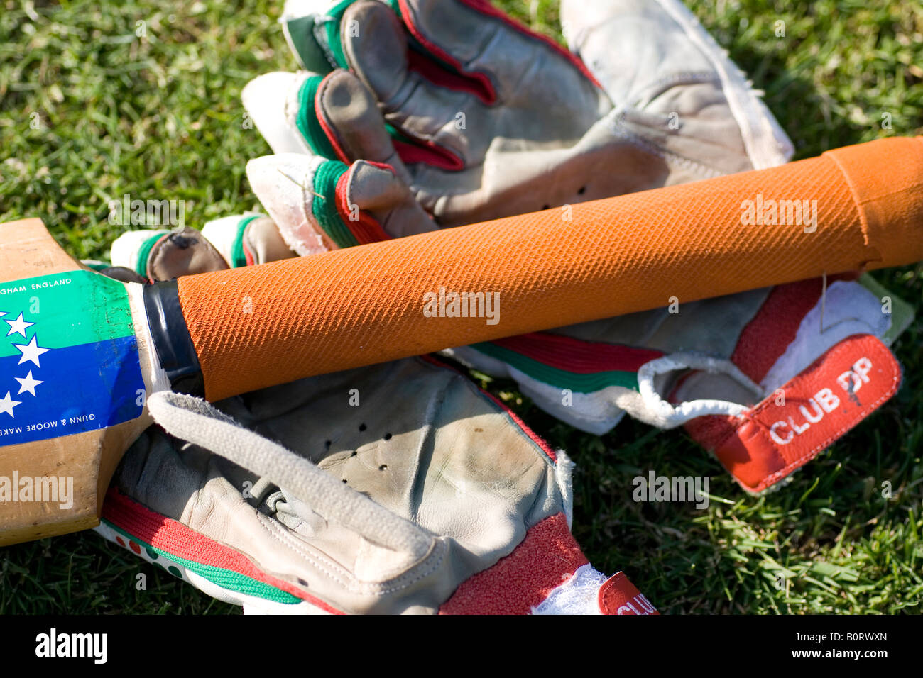 Cricket bat and gloves on the grass Stock Photo Alamy